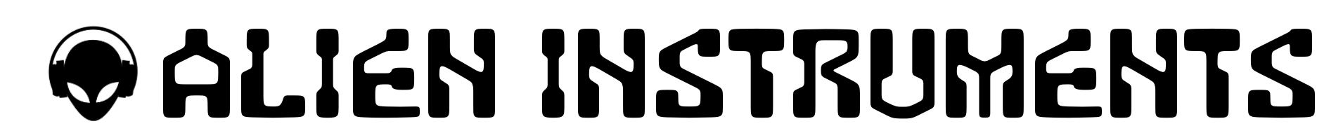 Banner. To the screen right is a silhouette drawing of an alien's head wearing a pair of over ear headphones. To the left are the words Alien Instruments.